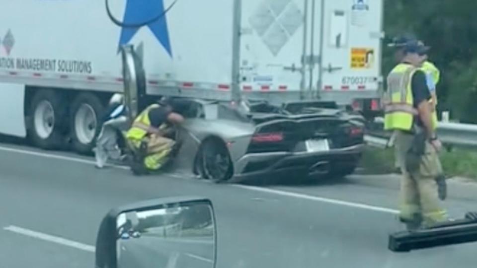 Lamborghini Aventador after rear-ending a semi trailer