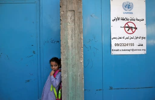 "Balata school for girls, no entry allowed to those who have no official purpose," reads a sign in Arabic outside a school run by UNRWA, pictured on August 29, 2018