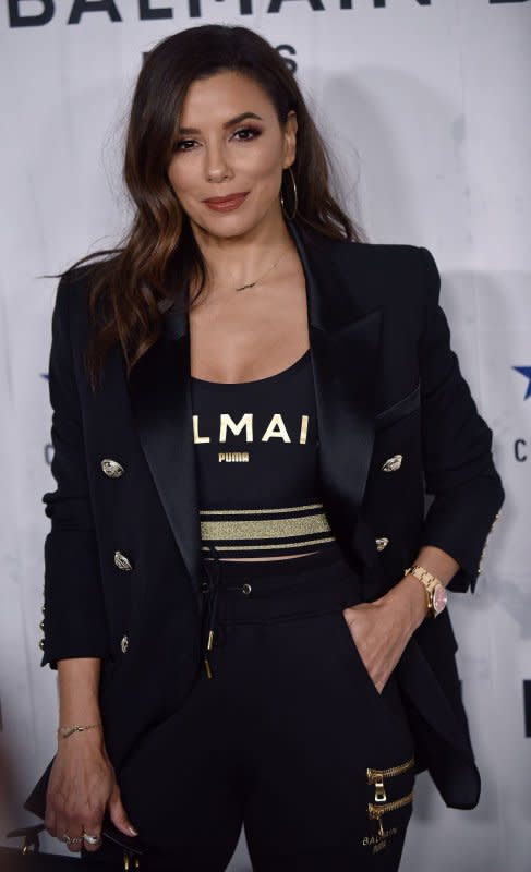 Eva Longoria arrives for the Puma x Balmain x Cara Delevingne launch party at Milk Studios in Los Angeles on November 21, 2020. She turns 49 on March 15. File Photo by Chris Chew/UPI