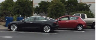 2017 Tesla Model 3 and 2011 Nissan Leaf, Half Moon Bay, California, Aug 2017 [photo: Scott Forrest]