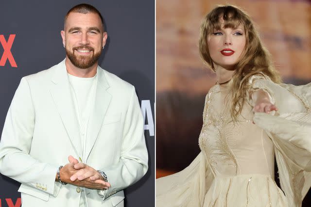 <p>JC Olivera/Getty ; Ashok Kumar/TAS24/Getty Images for TAS Rights Management</p> Travis Kelce and Taylor Swift at the Eras Tour in Singapore in March 2024