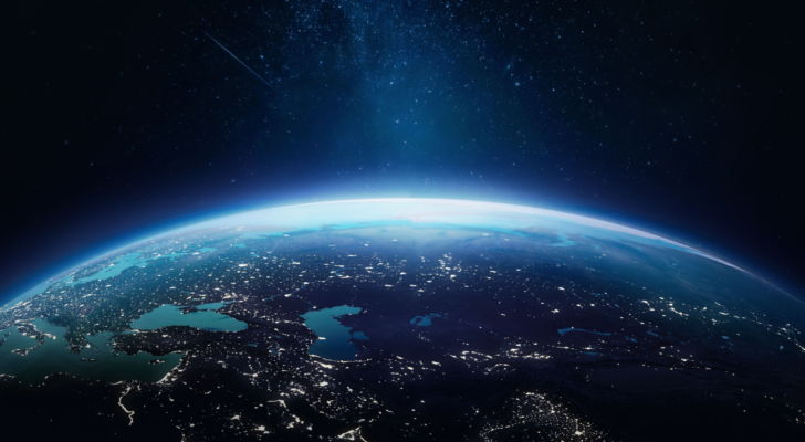 Surface of Earth planet in deep space. Outer dark space wallpaper. Night on planet with cities lights. View from orbit. Elements of this image furnished by NASA. Space stocks