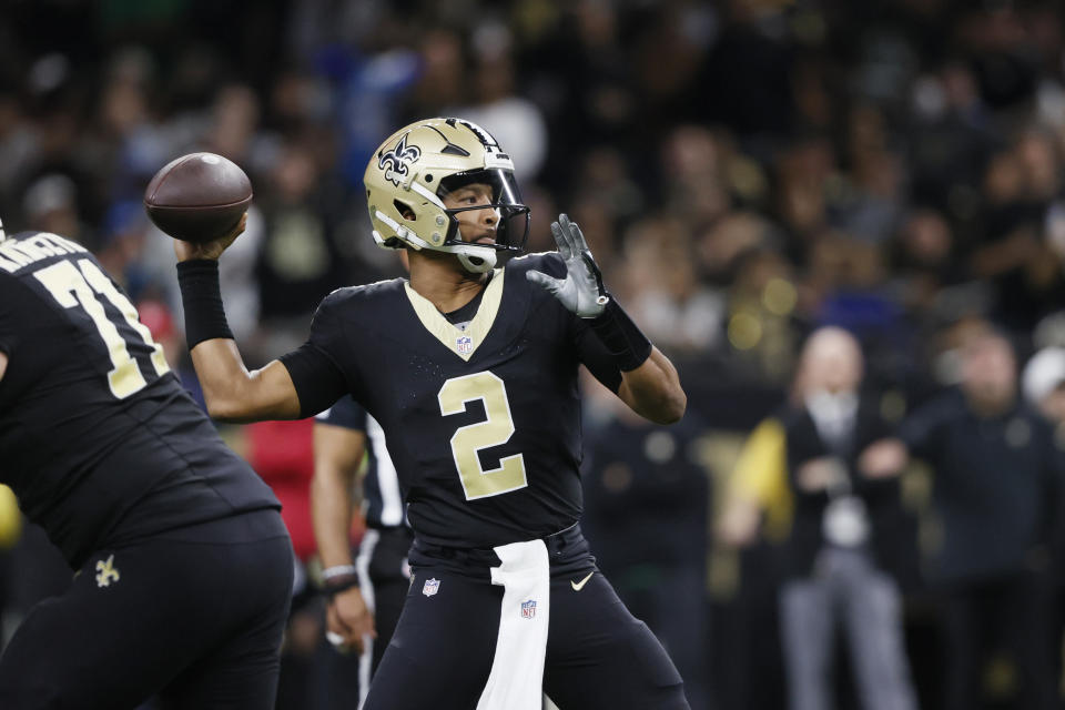 New Orleans Saints quarterback Jameis Winston throws during the second half of an NFL football game against the Detroit Lions, Sunday, Dec. 3, 2023, in New Orleans. (AP Photo/Butch Dill)