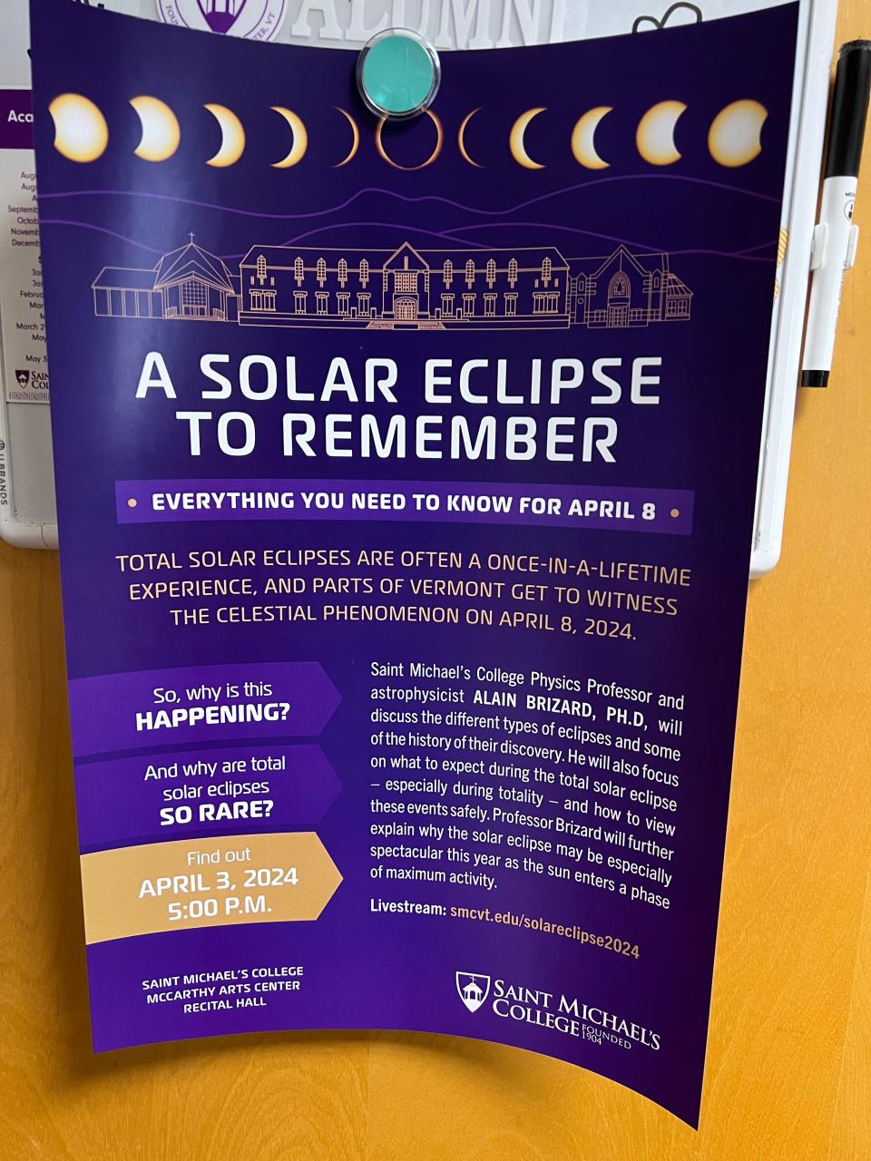 A poster for St. Michael's College's event where Director of Physics and astrophysicist, Alain Brizard discussed interesting details about the April 8, 2024 total solar eclipse.