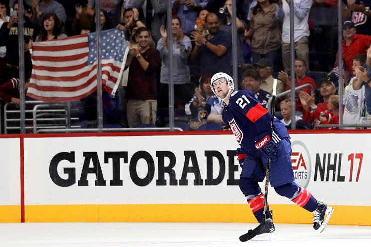 WASHINGTON, DC - SEPTEMBER 13: Derek Stepan #21 of Team USA looks on after scoring a goal against Team Finland in the second period during the pre-tournament World Cup of Hockey game at Verizon Center on September 13, 2016 in Washington, DC. (Photo by Patrick Smith/World Cup of Hockey via Getty Images)