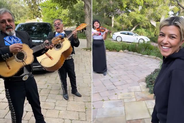 Kourtney Kardashian Instagram; Travis Barker Instagram Kourtney Kardashian was surprised with a mariachi band for her 44th birthday