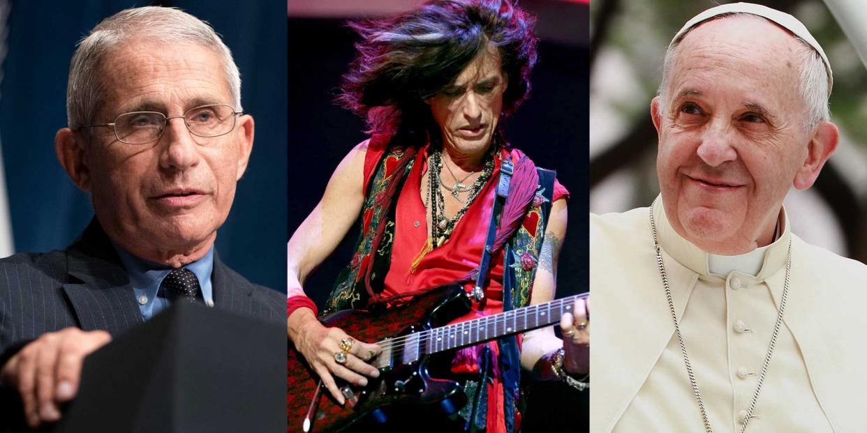 Dr. Anthony Fauci, Aerosmith guitarist Joe Perry, and Pope Francis.