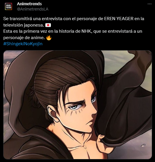 NHK será el encargado de hacer la entrevista a Eren