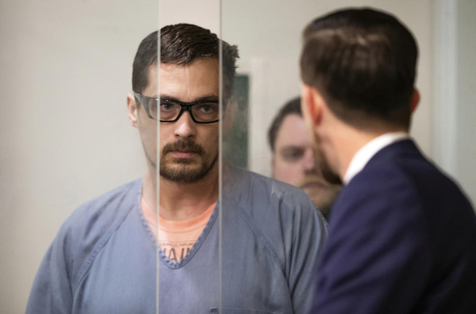 Jesse Lee Calhoun is seen in Multnomah County Circuit Court for his arraignment on Thursday, June 6, 2024, in Portland, Ore. Calhoun entered not guilty pleas Thursday to all charges in the criminal case involving the second-degree murder charges in the deaths of Charity Lynn Perry, 24; Bridget Leanne Webster, 31; and Joanna Speaks, 32. (Dave Killen/The Oregonian via AP, Pool)