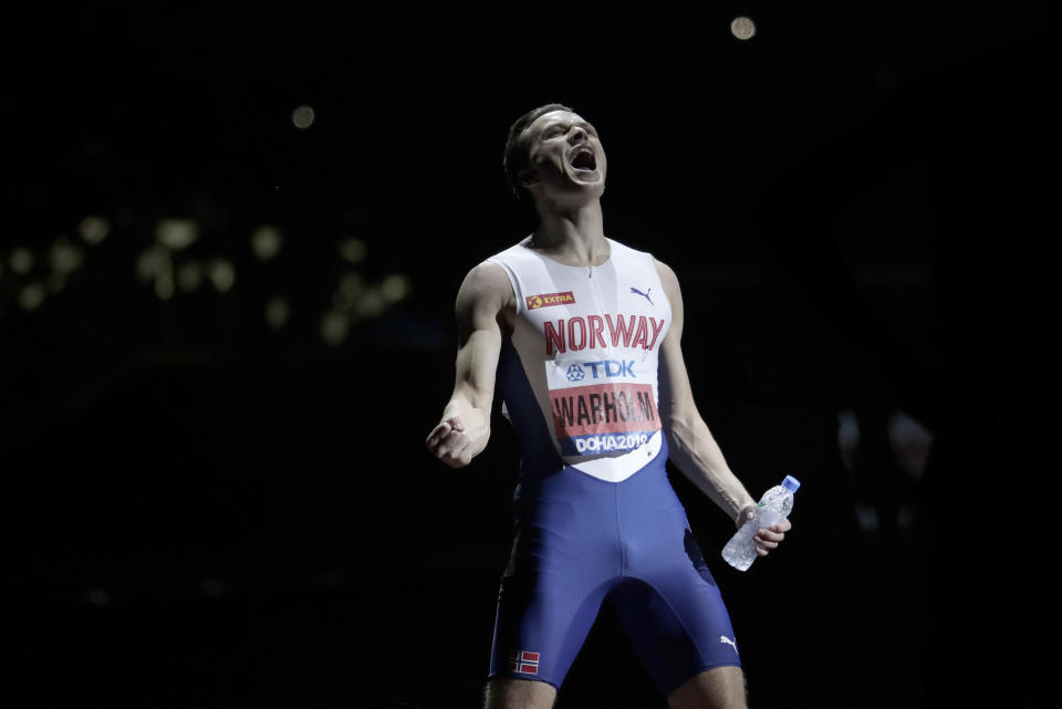 Karsten Warholm, of Norway reacts before the start of the men's 400m hurdles final at the World Athletics Championships in Doha, Qatar, Monday, Sept. 30, 2019. (AP Photo/Nariman El-Mofty)