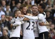 Britain Football Soccer - Tottenham Hotspur v Watford - Premier League - White Hart Lane - 8/4/17 Tottenham's Eric Dier celebrates scoring their second goal with team mates Reuters / Dylan Martinez Livepic