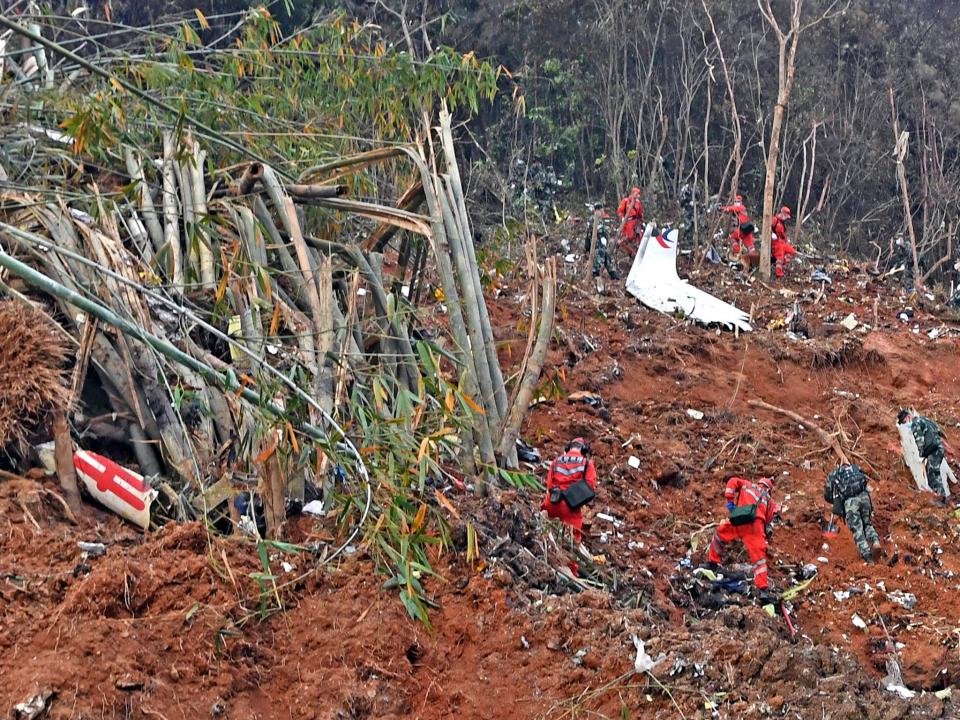 Debris from the crashed plane can be seen in this photo released by Xinhua News Agency on Tuesday (AP)