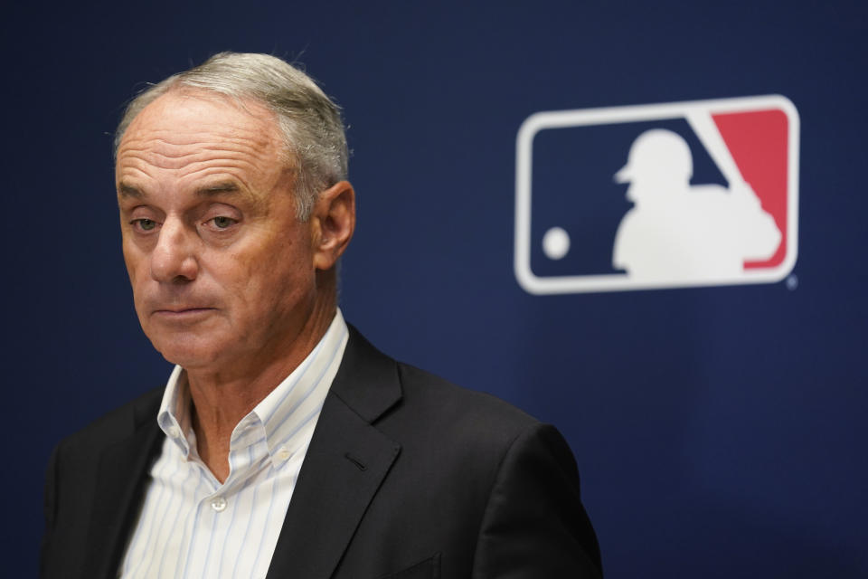 Major League Baseball Commissioner Rob Manfred speaks to reporters following an owners' meeting at MLB headquarters in New York, Thursday, June 16, 2022. (AP Photo/Seth Wenig)