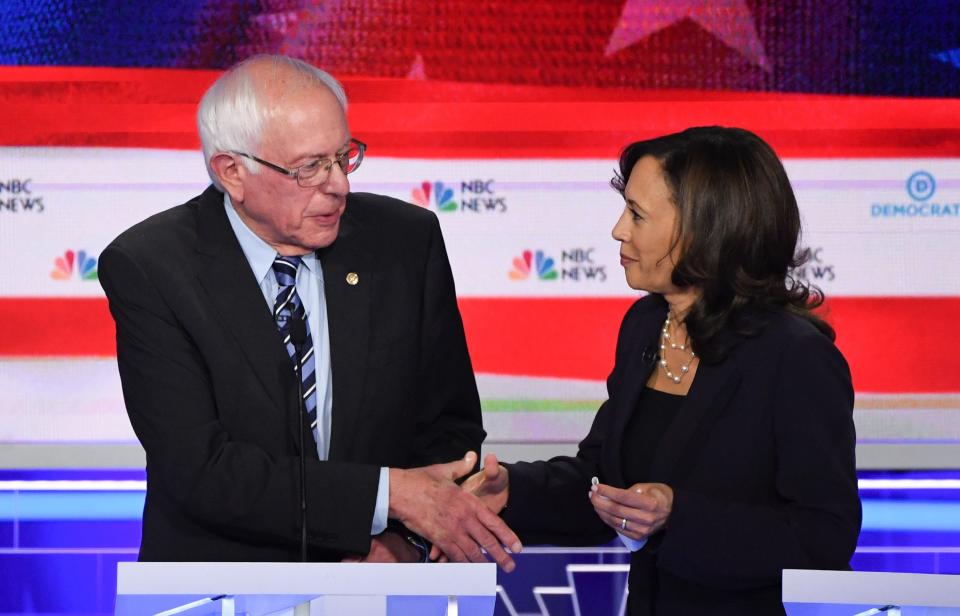 Bernie Sanders and Kamala Harris after the second Democratic primary debate on June 27, 2019 in Miami.