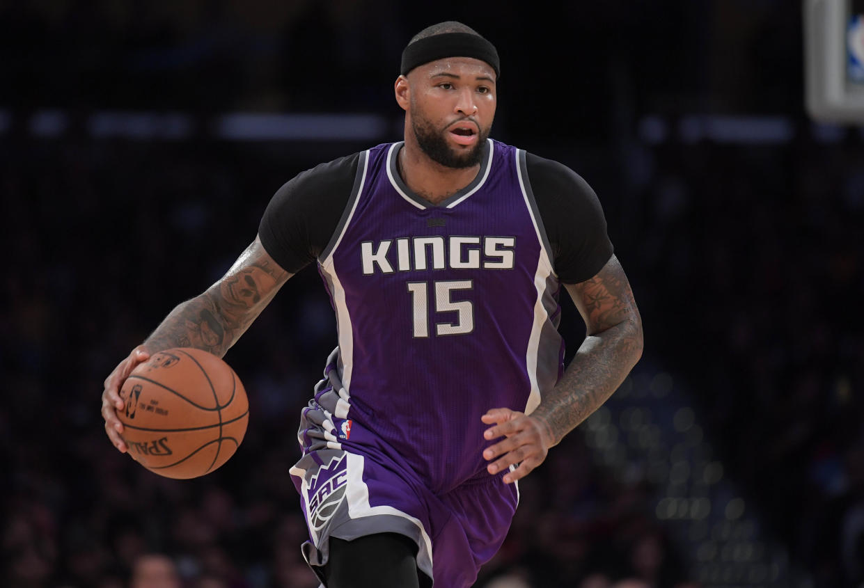 Feb 14, 2017; Los Angeles, CA, USA; Sacramento Kings forward DeMarcus Cousins (15) moves the ball against the Los Angeles Lakers during the second half at Staples Center. Mandatory Credit: Kirby Lee-USA TODAY Sports