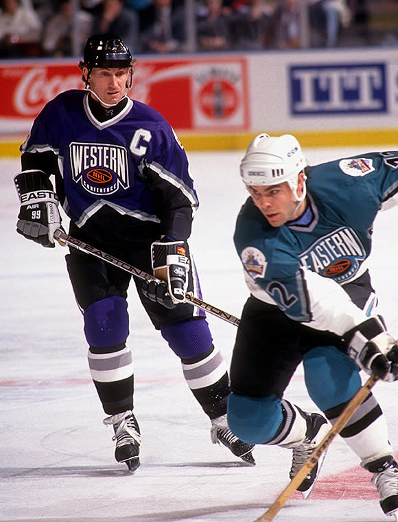 <p>WORST: Wayne Gretzky and Adam Oates, two of the greatest playmakers ever, were set up for failure in the 1994 NHL All-Star Game jerseys. The game was played at Madison Square Garden in New York. (Getty Images) </p>