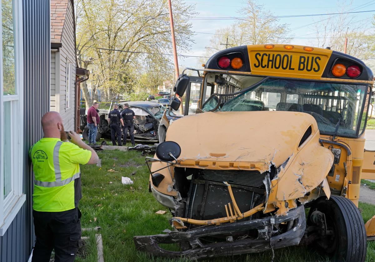 Loaded school bus plows into pickup in Linden, sending several to hospitals