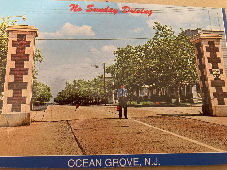 This postcard from Gale Catley Lynch of Ocean Grove illustrates the town's one-time rule of no driving on Sunday. Beaches were off limits, too.