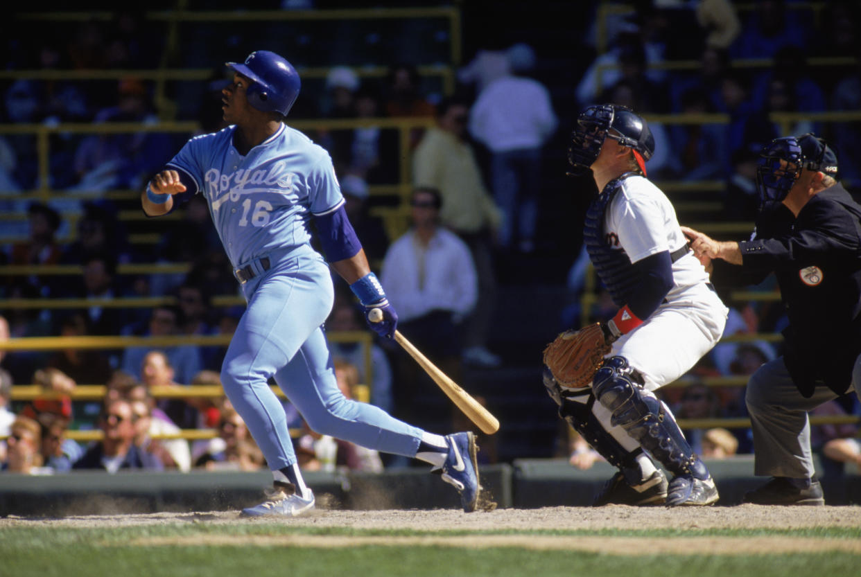 Bo Jackson, then of the Kansas City Royals, hits the ball during an MLB game in the 1990 season. (Jonathan Daniel/Getty Images)