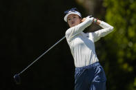 Grace Kim hits from the second tee during the fourth round of the LPGA's JM Eagle LA Championship golf tournament at Wilshire Country Club, Sunday, April 28, 2024, in Los Angeles. (AP Photo/Ashley Landis)