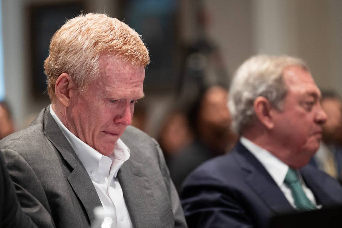 Alex Murdaugh cries as his son’s friend Rogan Gibson testifies in Murdaugh’s trial for murder at the Colleton County Courthouse on Wednesday, Feb. 1, 2023. Joshua Boucher/The State/Pool