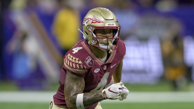 Florida State wide receiver Mycah Pittman (4) runs during the first half of an NCAA football game against LSU on Saturday, Sept. 4, 2022, in New Orleans. (AP Photo/Matthew Hinton)