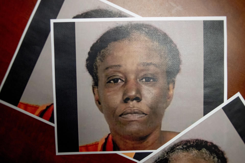 Sharmel L. Teague, 45, of Flint, was arraigned Tuesday, May 5, 2020 in 67th Distirct Court on first-degree murder and felony firearm charges. The charges stem from the May 1, 2020 shooting death of Calvin James Munerly, a security guard at the Family Dollar off East Fifth Avenue in Flint who was allegedly killed following a dispute over not letting a customer not wearing a mask into the store. (Jake May/The Flint Journal via AP)