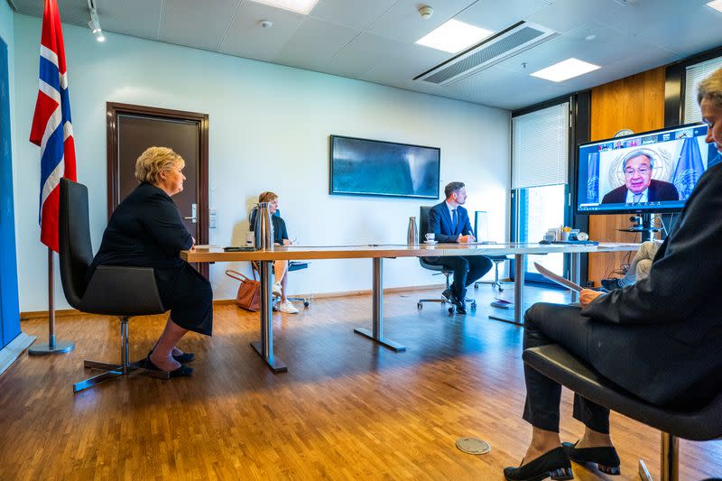 Norwegian Prime Minister Erna Solberg participates in a digital meeting with international leaders, in Oslo