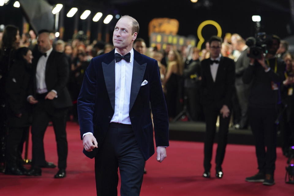 Britain's Prince William, president of BAFTA, arrives for the 77th British Academy Film Awards, BAFTA, in London, Sunday, Feb. 18, 2024. (Jordan Pettitt/Pool via AP)