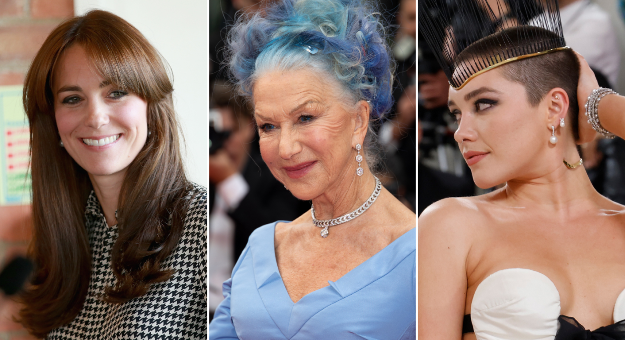 Close ups of Kate Middleton, Helen Mirren, and Florence Pugh who are among the best celebrity hair transformations.