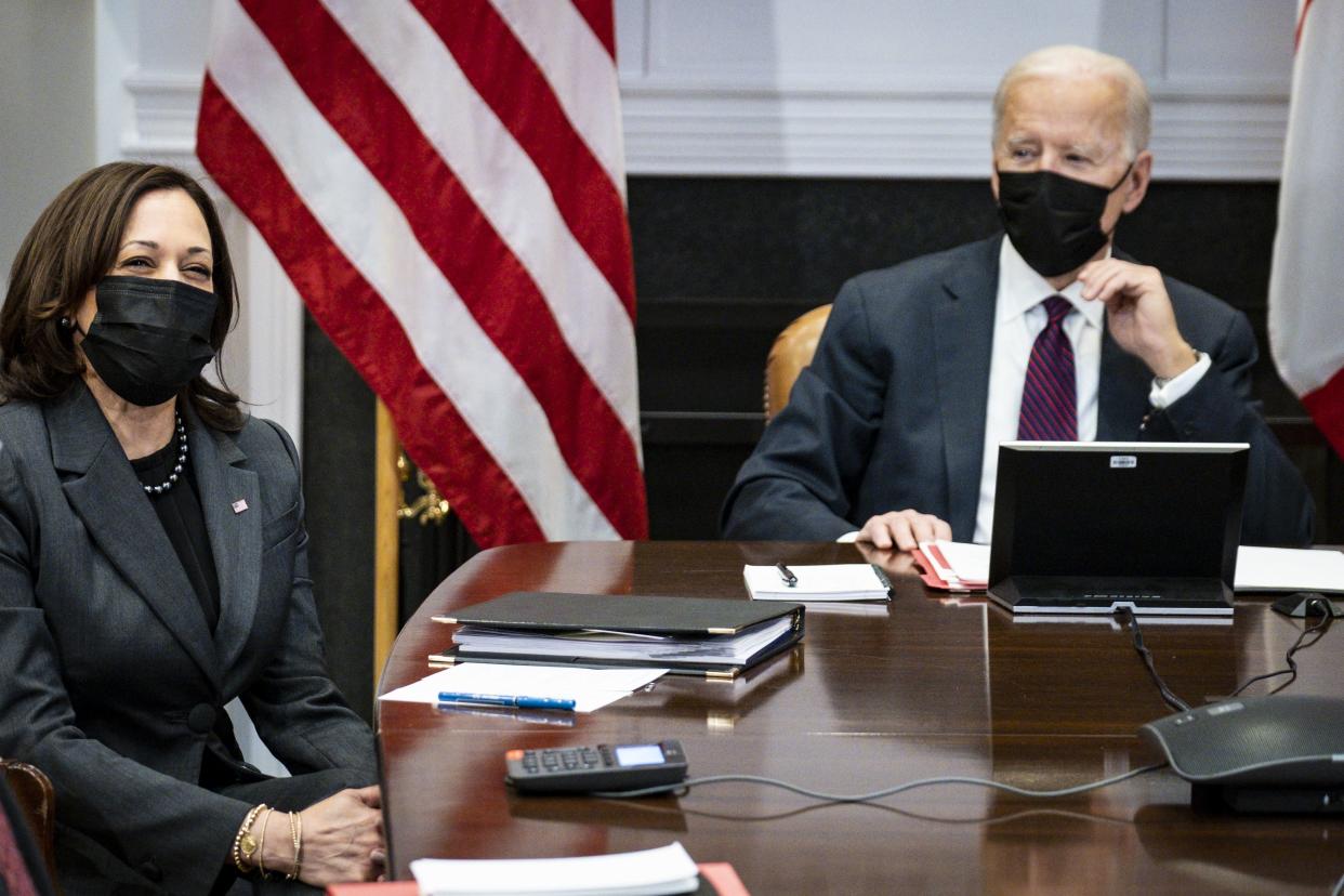U.S. Vice President Kamala Harris (L), and President Joe Biden participate in a virtual bilateral meeting with Prime Minister Justin Trudeau of Canada in the Roosevelt Room of the White House on Feb. 23, 2021, in Washington, DC. This is Biden and Trudeau’s first bilateral meeting.