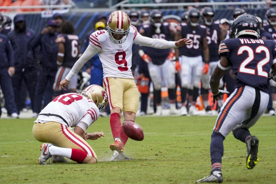 San Francisco 49ers' Robbie Gould kicks a fieldgoal during the second half of an NFL football game against the Chicago Bears Sunday, Sept. 11, 2022, in Chicago. (AP Photo/Charles Rex Arbogast)