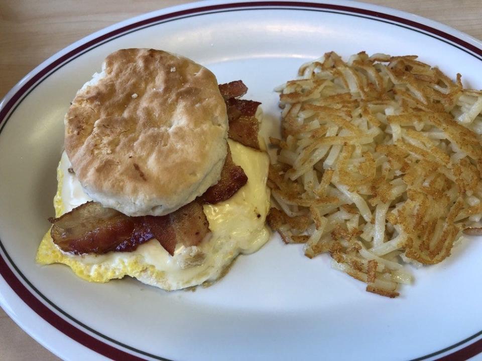 A bacon egg and cheese on a biscuit at Old Bridge Diner.