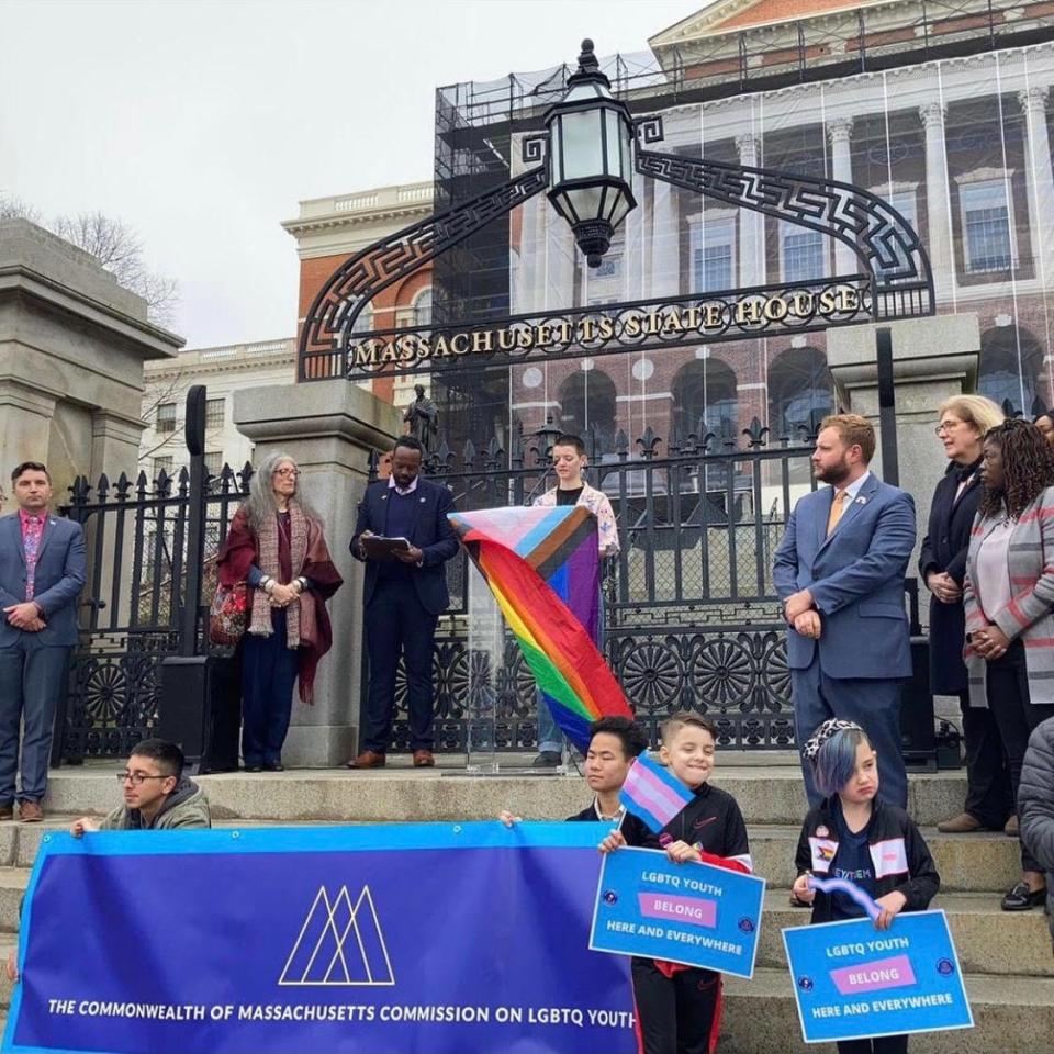 Old Rochester Regional High School junior Alia Cusolito speaks at "We Are A State of Love: A Gathering of Visible Solidarity With LGBTQ Youth” in front of the Massachusetts State House in Boston on March 31, 2022. Exactly one year later, Cusolito will be speaking at a march in Washington, D.C. she organized as co-president of the national LGBTQ+ youth advocacy group Queer Youth Assemble.