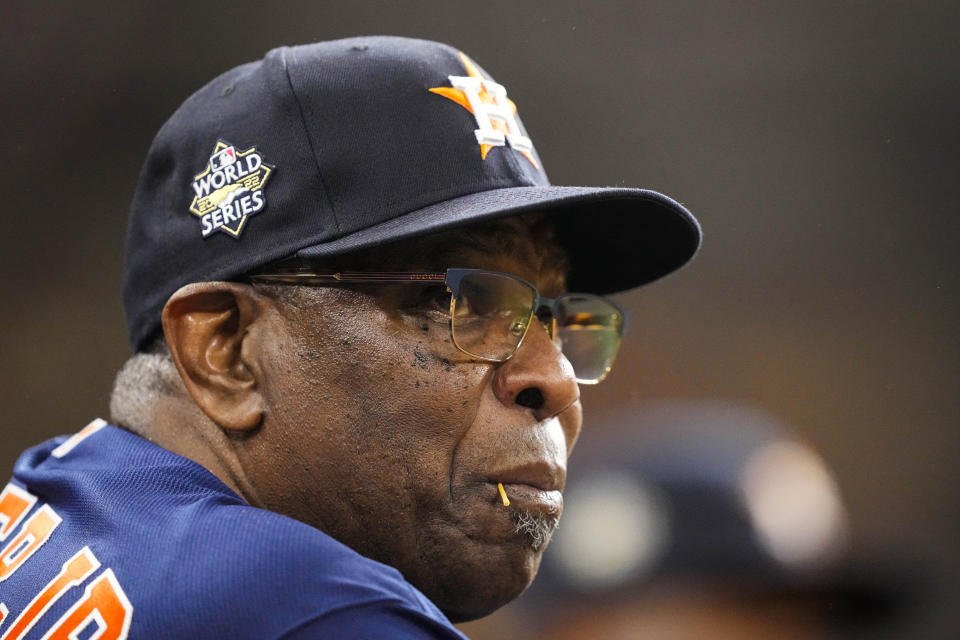 Houston Astros manager Dusty Baker Jr. watches play during the first inning in Game 6 of baseball's World Series between the Houston Astros and the Philadelphia Phillies on Saturday, Nov. 5, 2022, in Houston. (AP Photo/David J. Phillip)