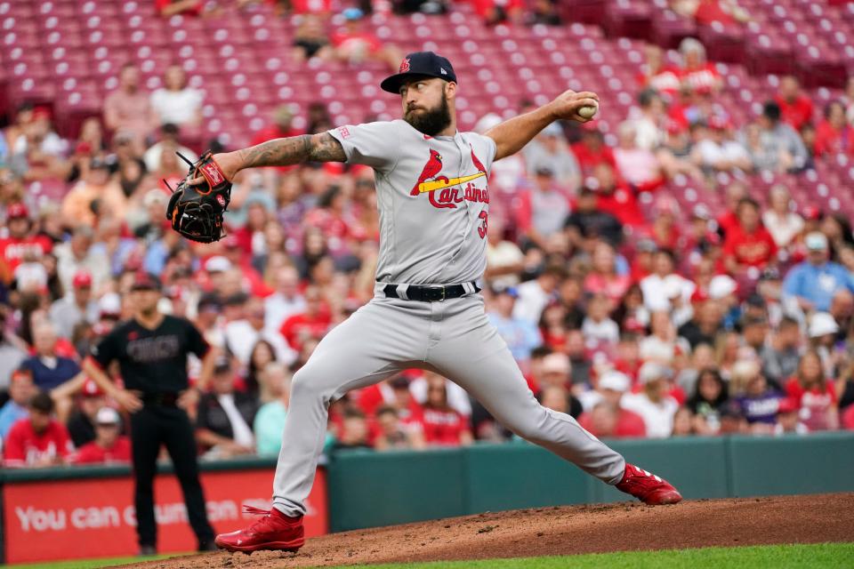 St. Louis Cardinals starting pitcher Drew Rom delivers during the first inning of the team's baseball game against the Cincinnati Reds, Friday, Sept. 8, 2023, in Cincinnati.