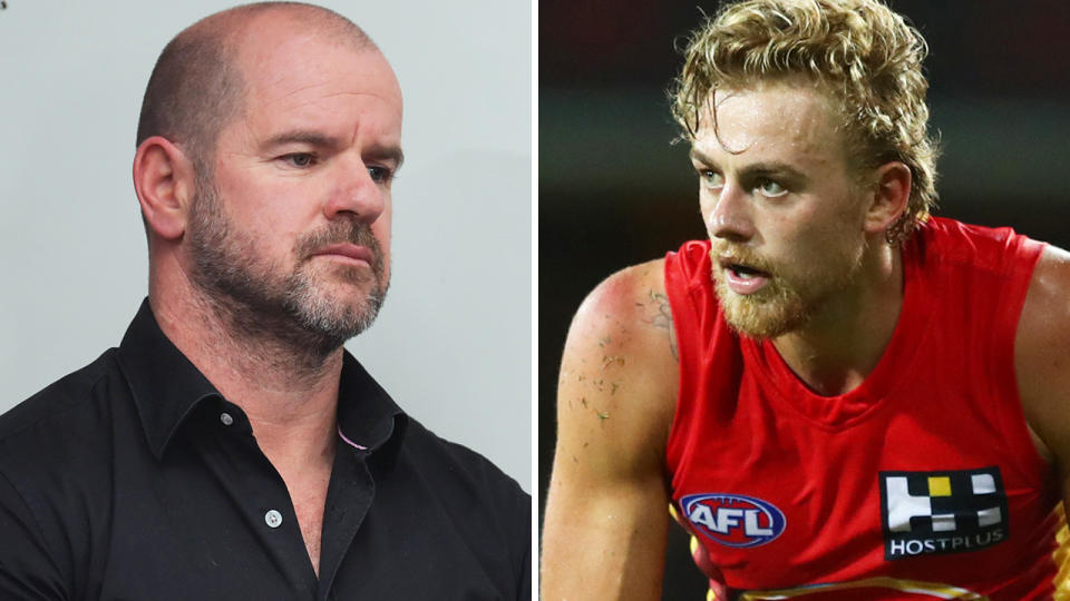 A 50-50 split image shows Mark Ricciuto on the left and Gold Coast Suns player Hugh Greenwood on the right.