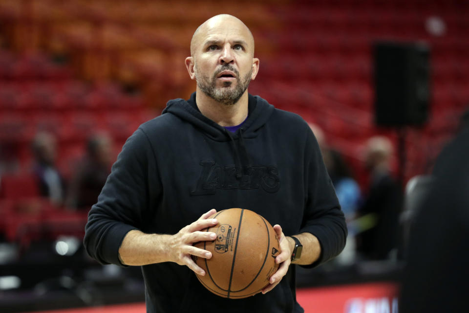 FILE - In this Dec. 13, 2019, file photo, Los Angeles Lakers assistant coach Jason Kidd works with players before an NBA basketball game against the Miami Heat in Miami. Kidd is coming back to Dallas again, this time to replace the coach he won a championship with as the point guard of the Mavericks 10 years ago. A person with direct knowledge of the agreement says Kidd and the Mavericks agreed on a contract Friday, June 25, 2021, eight days after Carlisle resigned abruptly in the wake of general manager Donnie Nelson’s departure. (AP Photo/Lynne Sladky, File)