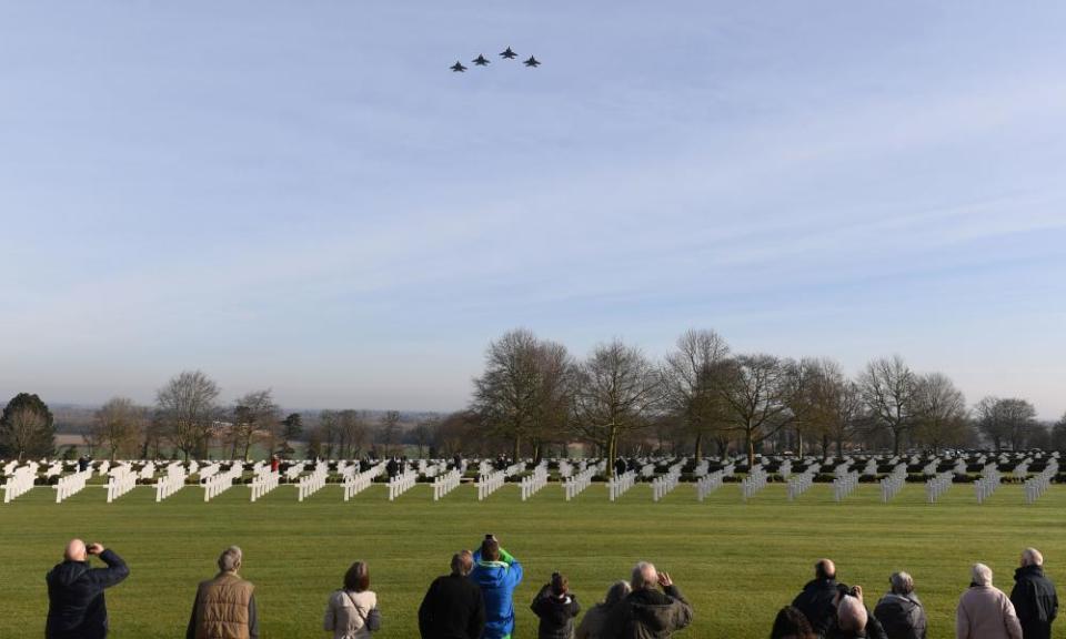 Four USAF F-15 Strike Eagle jets fly over the graves of three US aircrew buried in Coton, Cambridgeshire, who perished when the Mi Amigo crashed in Sheffield’s Endcliffe Park in 1944