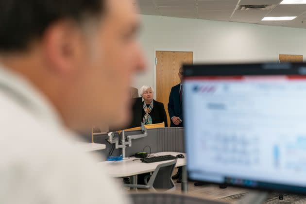 Treasury Secretary Janet Yellen (center) tours an IRS facility in Lanham, Maryland, in 2022.