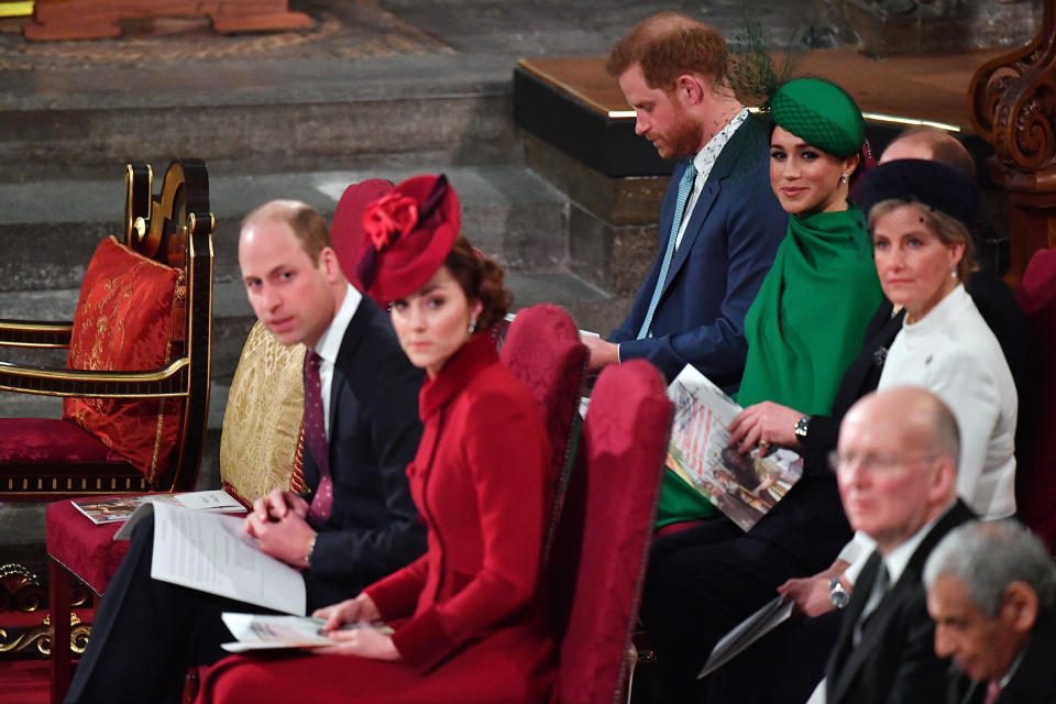 LONDON, ENGLAND - MARCH 09: Prince William, Duke of Cambridge, Catherine, Duchess of Cambridge, Prince Harry, Duke of Sussex, Meghan, Duchess of Sussex, Prince Edward, Earl of Wessex and Sophie, Countess of Wessex attend the Commonwealth Day Service 2020 on March 9, 2020 in London, England. (Photo by Phil Harris - WPA Pool/Getty Images)