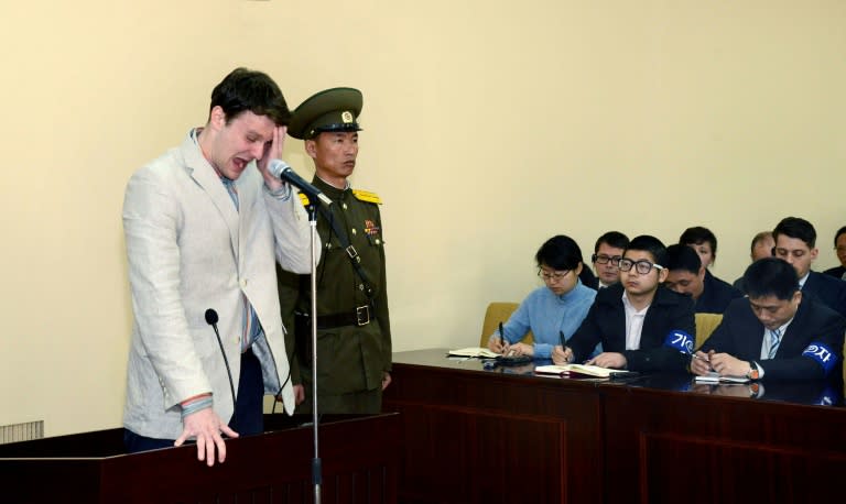 The trial of US student Otto Frederick Warmbier, who was arrested for committing hostile acts against North Korea, at the Supreme Court in Pyongyang in March 2016