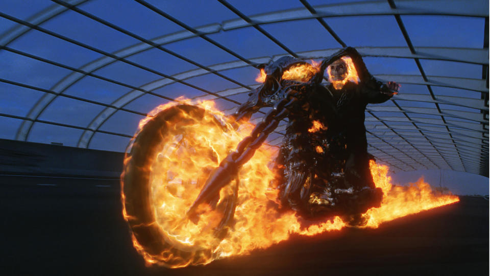 Johnny Blaze rides on a burning motorcycle in "Ghost Rider"