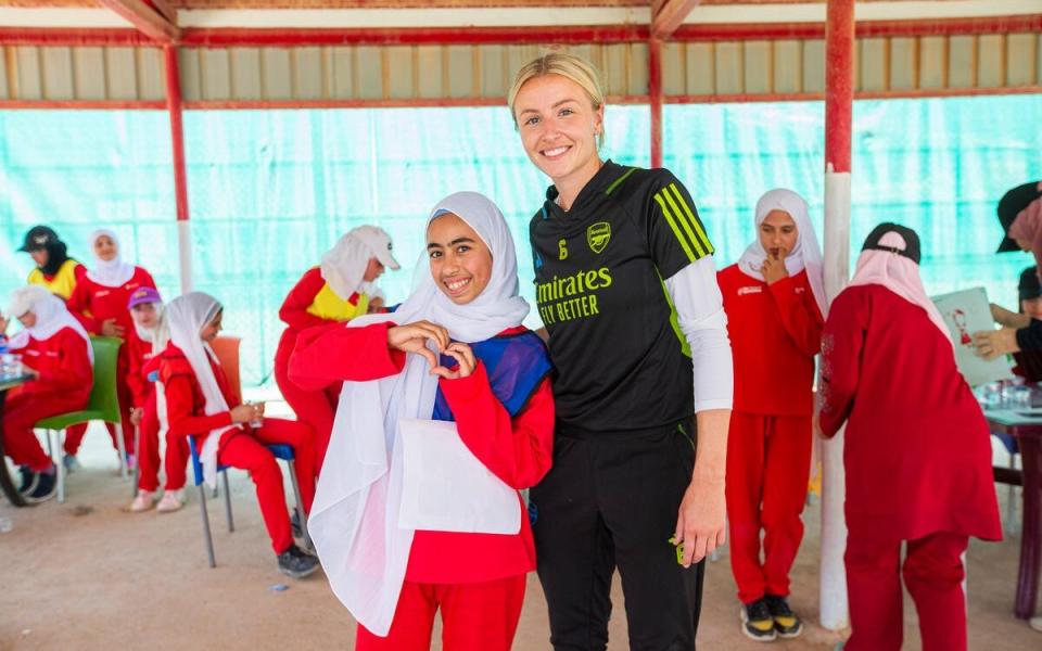 Leah Williamson representing Arsenal as part of the Coaching for Life programme at the Zaatari refugee camp in Jordan