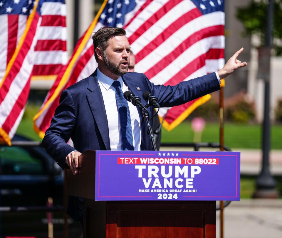 Republican vice presidential nominee, Senator JD Vance, holds a press conference on crime and safety in Kenosha, Wisconsin on Tuesday, August 20, 2024.