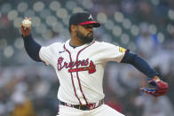 Atlanta Braves pitcher Reynaldo López (40) delivers to a New York Mets batter in the first inning of a baseball game Tuesday, April 9, 2024, in Atlanta. (AP Photo/John Bazemore)