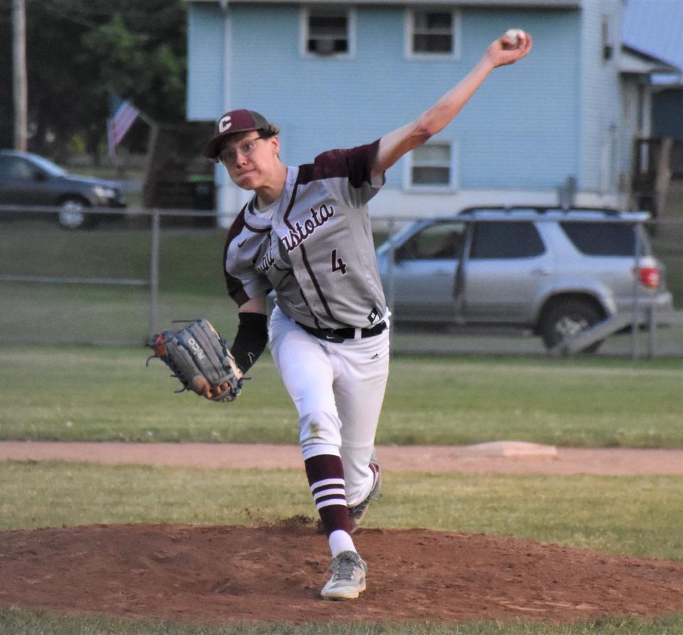 Canastota left-hander Jesse DeMaintenon, pictured in Ilion May 22, 2023, struck out 15 batters in 6 1/3 innings Monday and combined with Luken Gaiser to no-hit Little Falls.