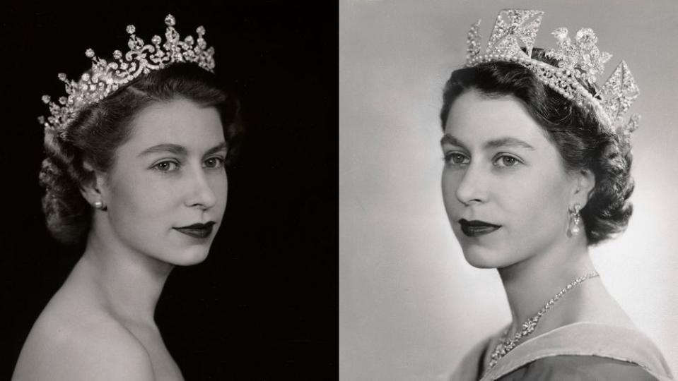 The Queen wears The Girls of Great Britain and Ireland Tiara (left), The Queen wears the Diamond Diadem and the Nizam of Hyderabad necklace (right) - Credit: Dorothy Wilding l The Royal Trust
