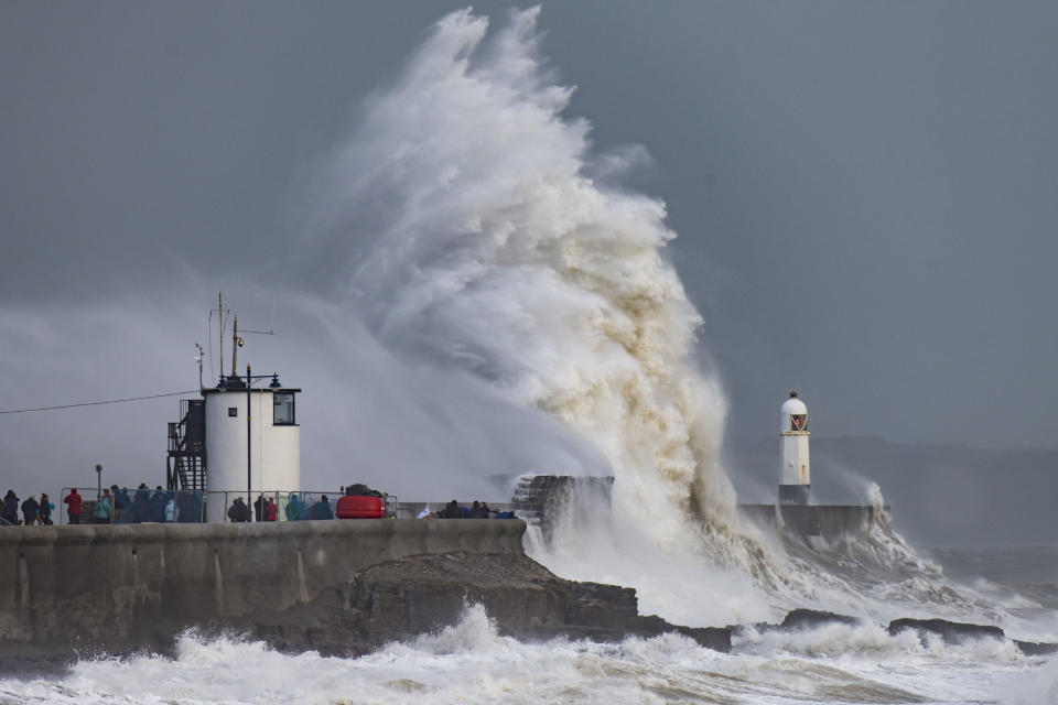 Waves crash against the harbour wall during Storm Freya on March 3 at Porthcawl, Wales. The Met Office have issued a yellow weather warning for wind and have warned of the potential for large waves and spray at coastal locations. (Photo: Matthew Horwood/Getty Images)