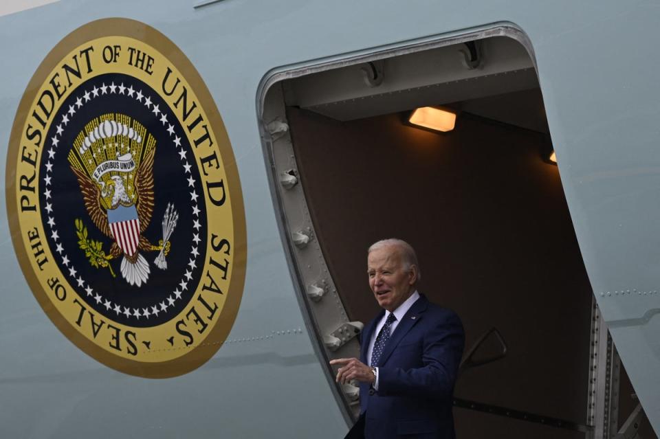US President Joe Biden arrives at Los Angeles International Airport on February 20, 2024, in Los Angeles, California (AFP via Getty Images)